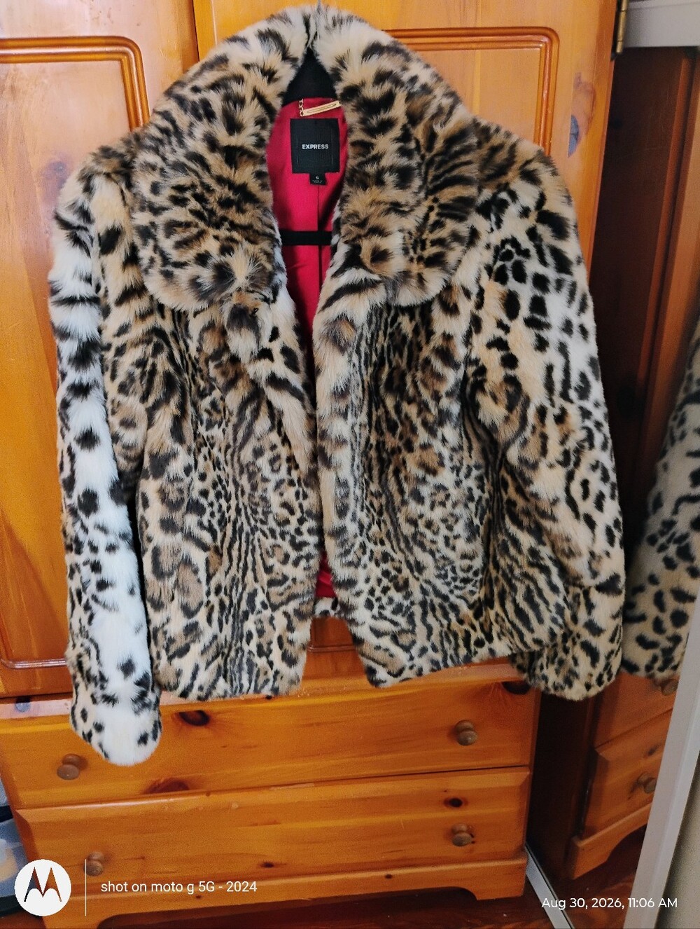 Express Leopard Print Teddy Jacket in Tan, Black & White